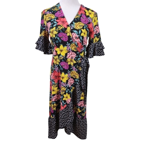 Spense Mixed Print Floral Wrap Dress, sz 4 - Picture 2 of 11